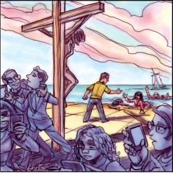 'Easter marginalised' by Chris Johnston. Illustration of crucified Jesus watching a man help shipwrecked asylum seekers out of the sea, while at Jesus' back others carry on with their ordinary materialistic lives.