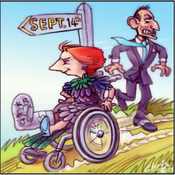 'Lame Duck Gillard' by Chris Johnston. Cartoon depiction of an injured, feathered Julia Gillard rolling downhill over Tony Abbott's foot